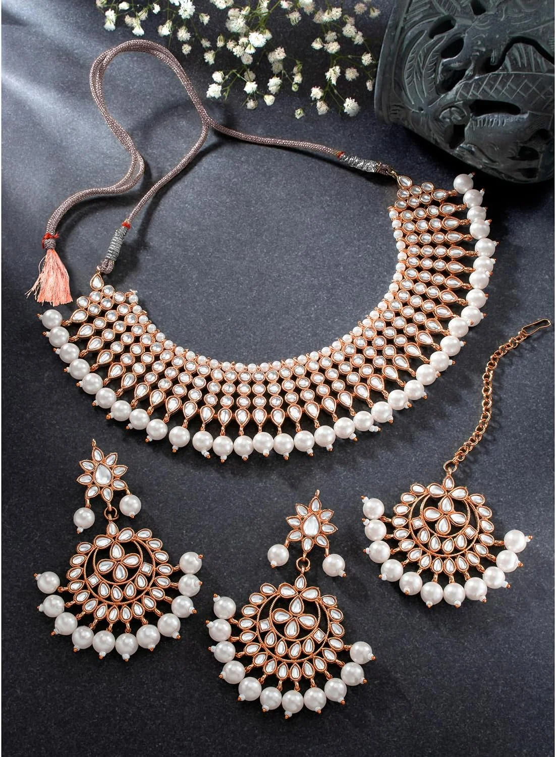 ست گردنبند، گوشواره و مانگ تیکا زنانه با روکش طلای رز، نگین کاری شده با کندن و مهره، طراحی 2 ست گردنبند، گوشواره و مانگ تیکا زنانه با روکش طلای رز، نگین کاری شده با کندن و مهره، طراحی 2