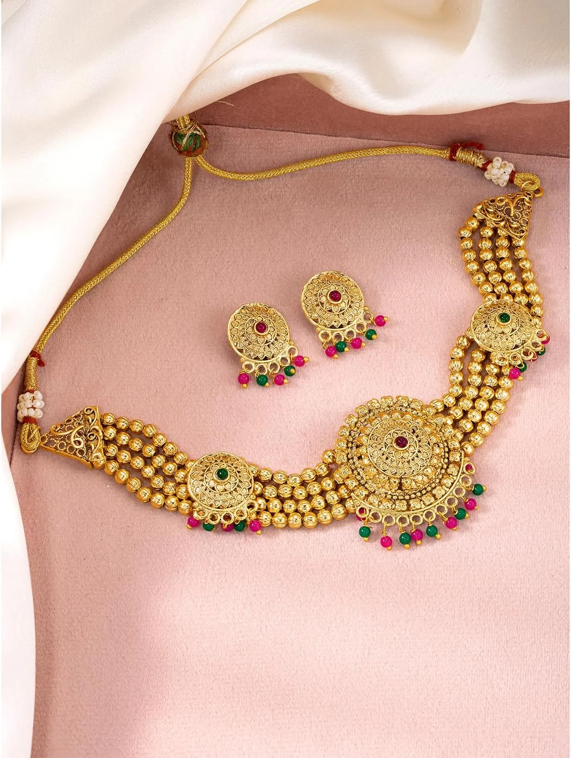 ست گردنبند و گوشواره آویز نگین دار با سنگ های مصنوعی سبز و قرمز و مهره های روکش طلایی Aheli هدیه برای بانوان