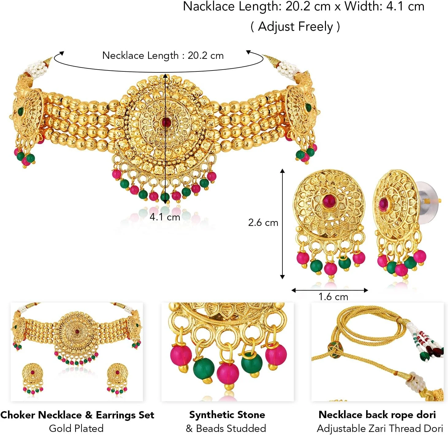 ست گردنبند و گوشواره آویز نگین دار با سنگ های مصنوعی سبز و قرمز و مهره های روکش طلایی Aheli هدیه برای بانوان