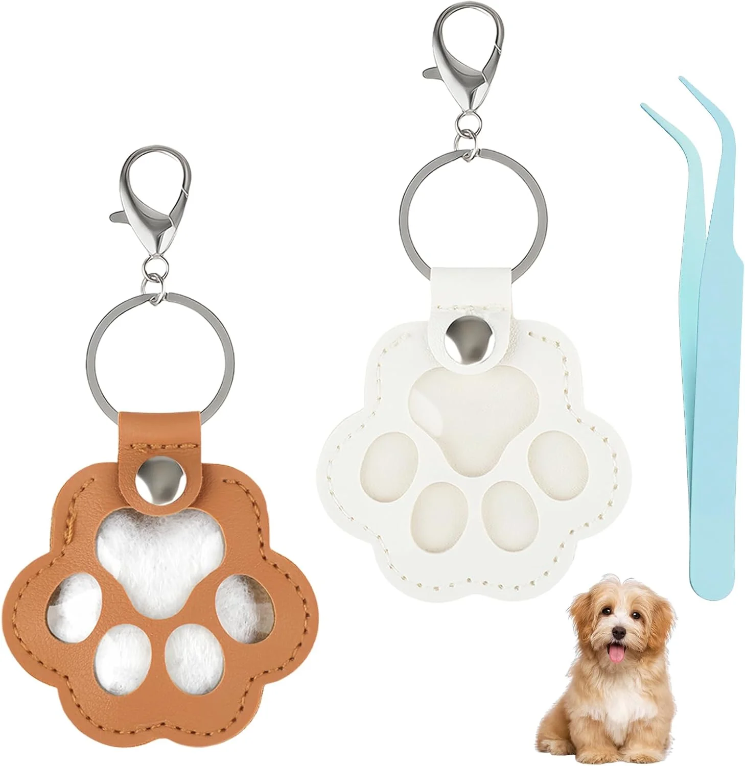 ست جاکلیدی یادبود حیوانات خانگی، 2 عدد کیف نگهداری موی حیوانات خانگی با آویز پنجه و موچین، جاکلیدی چرمی جمع آوری موی سگ و گربه، هدیه یادگاری شخصی برای صاحبان حیوانات خانگی (سفید و قهوه ای)