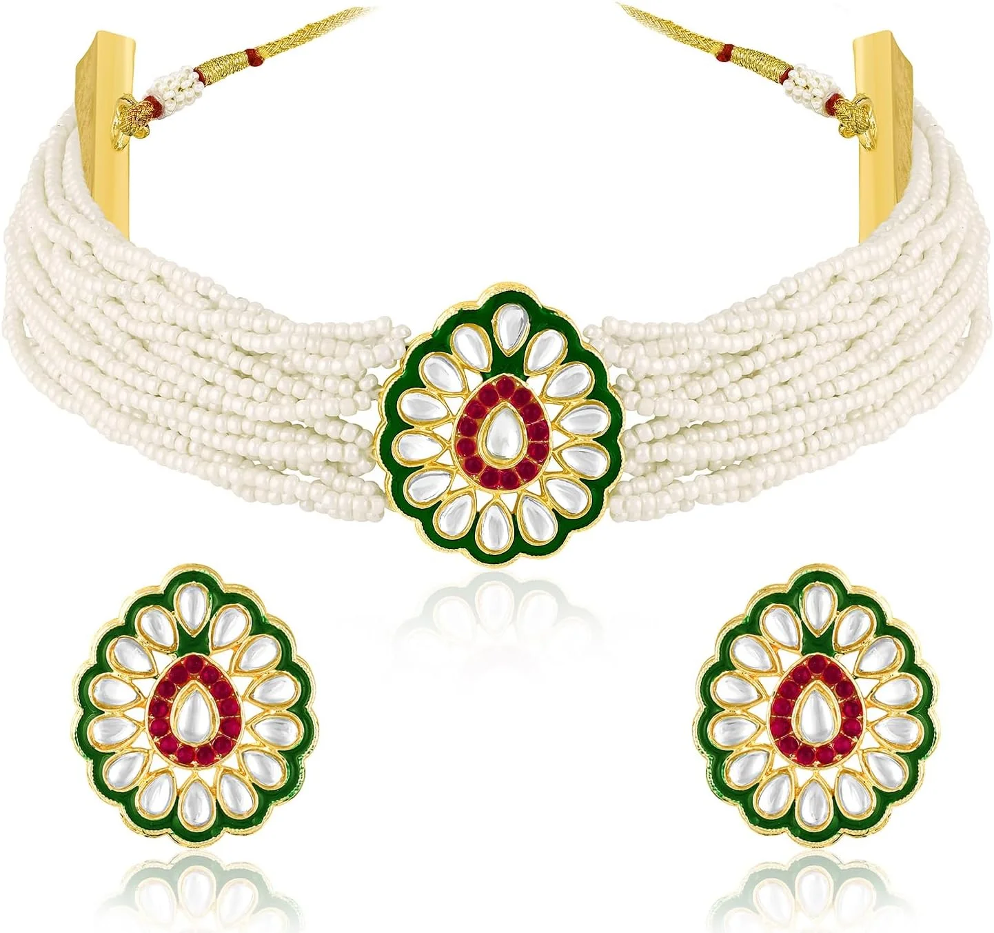 آهلی ست گردنبند و گوشواره نگین دار سفید و سبز با سنگ های Kundan و مهره، جواهرات قومی برای زنان آهلی ست گردنبند و گوشواره نگین دار سفید و سبز با سنگ های Kundan و مهره، جواهرات قومی برای زنان