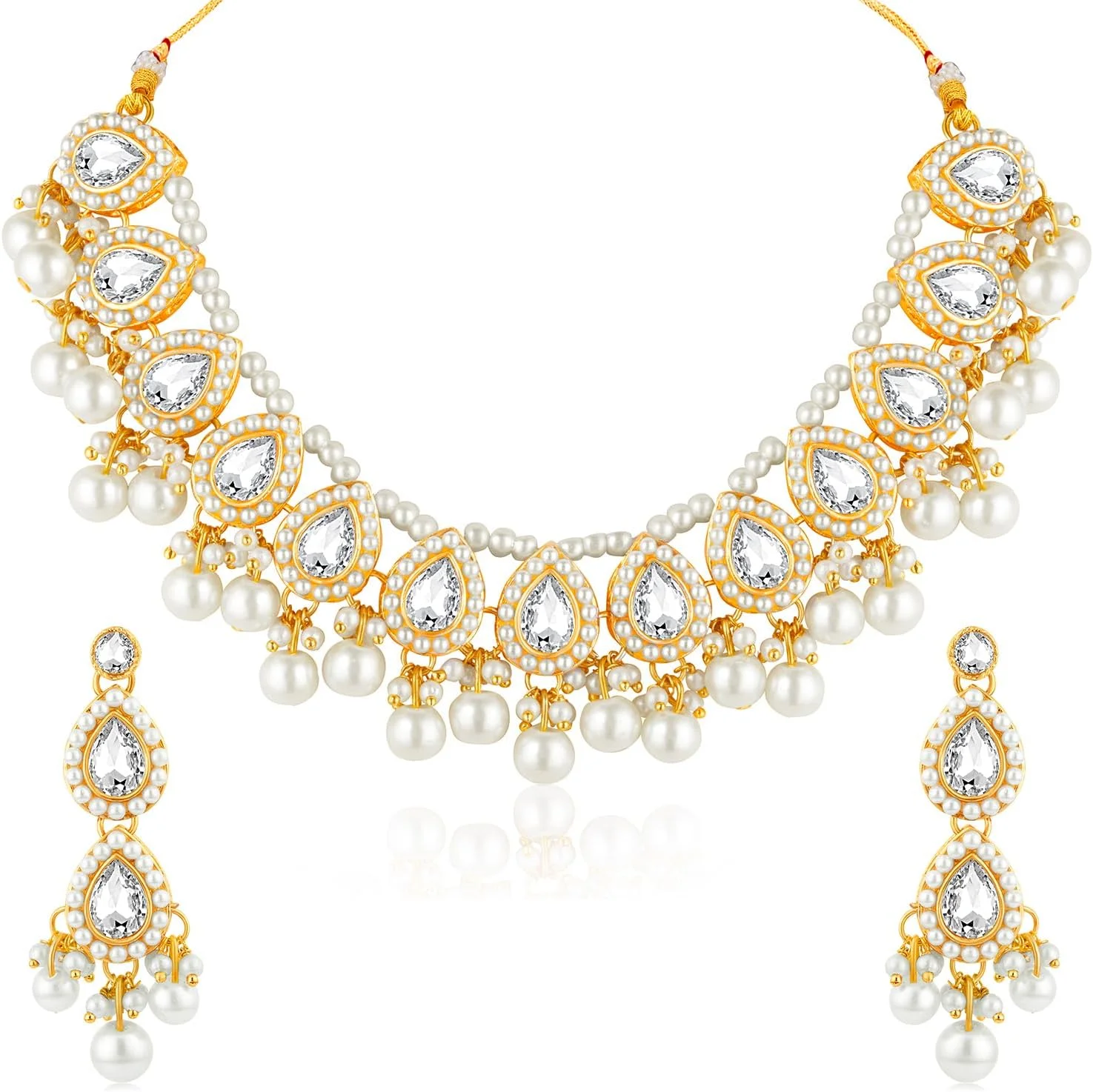 ست زیورآلات زنانه شامل گردنبند و گوشواره آویز نگین دار با کریستال سفید و مهره، طرح قومی و شیک ست زیورآلات زنانه شامل گردنبند و گوشواره آویز نگین دار با کریستال سفید و مهره، طرح قومی و شیک