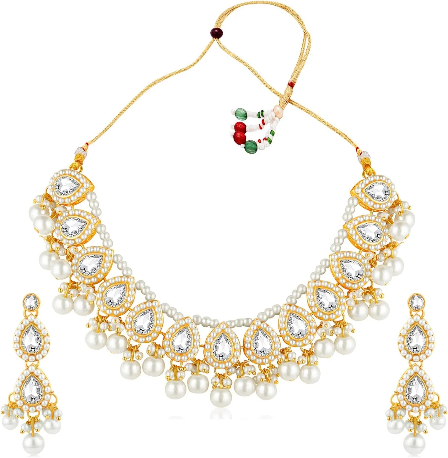 ست زیورآلات زنانه شامل گردنبند و گوشواره آویز نگین دار با کریستال سفید و مهره، طرح قومی و شیک ست زیورآلات زنانه شامل گردنبند و گوشواره آویز نگین دار با کریستال سفید و مهره، طرح قومی و شیک