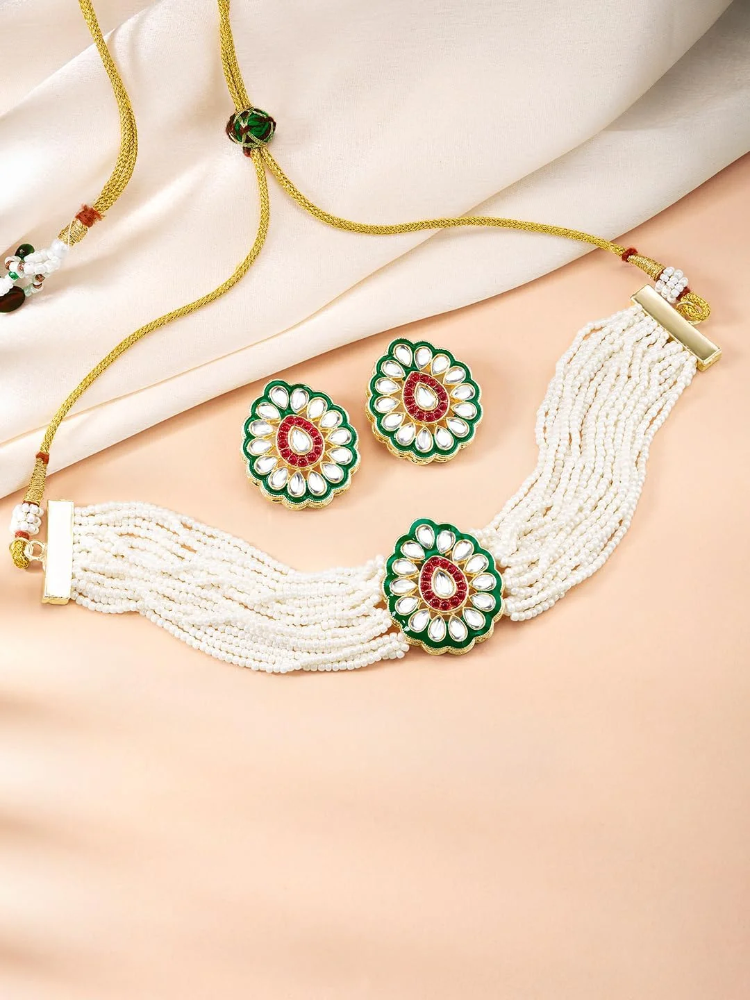 آهلی ست گردنبند و گوشواره نگین دار سفید و سبز با سنگ های Kundan و مهره، جواهرات قومی برای زنان آهلی ست گردنبند و گوشواره نگین دار سفید و سبز با سنگ های Kundan و مهره، جواهرات قومی برای زنان