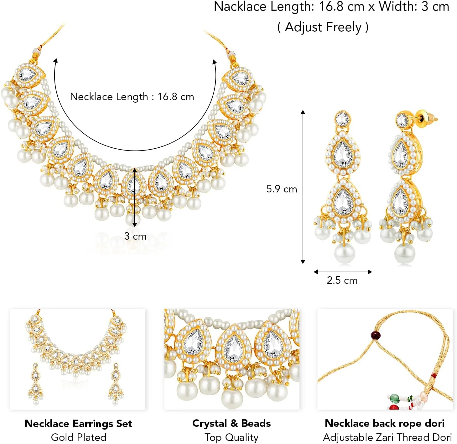 ست زیورآلات زنانه شامل گردنبند و گوشواره آویز نگین دار با کریستال سفید و مهره، طرح قومی و شیک ست زیورآلات زنانه شامل گردنبند و گوشواره آویز نگین دار با کریستال سفید و مهره، طرح قومی و شیک