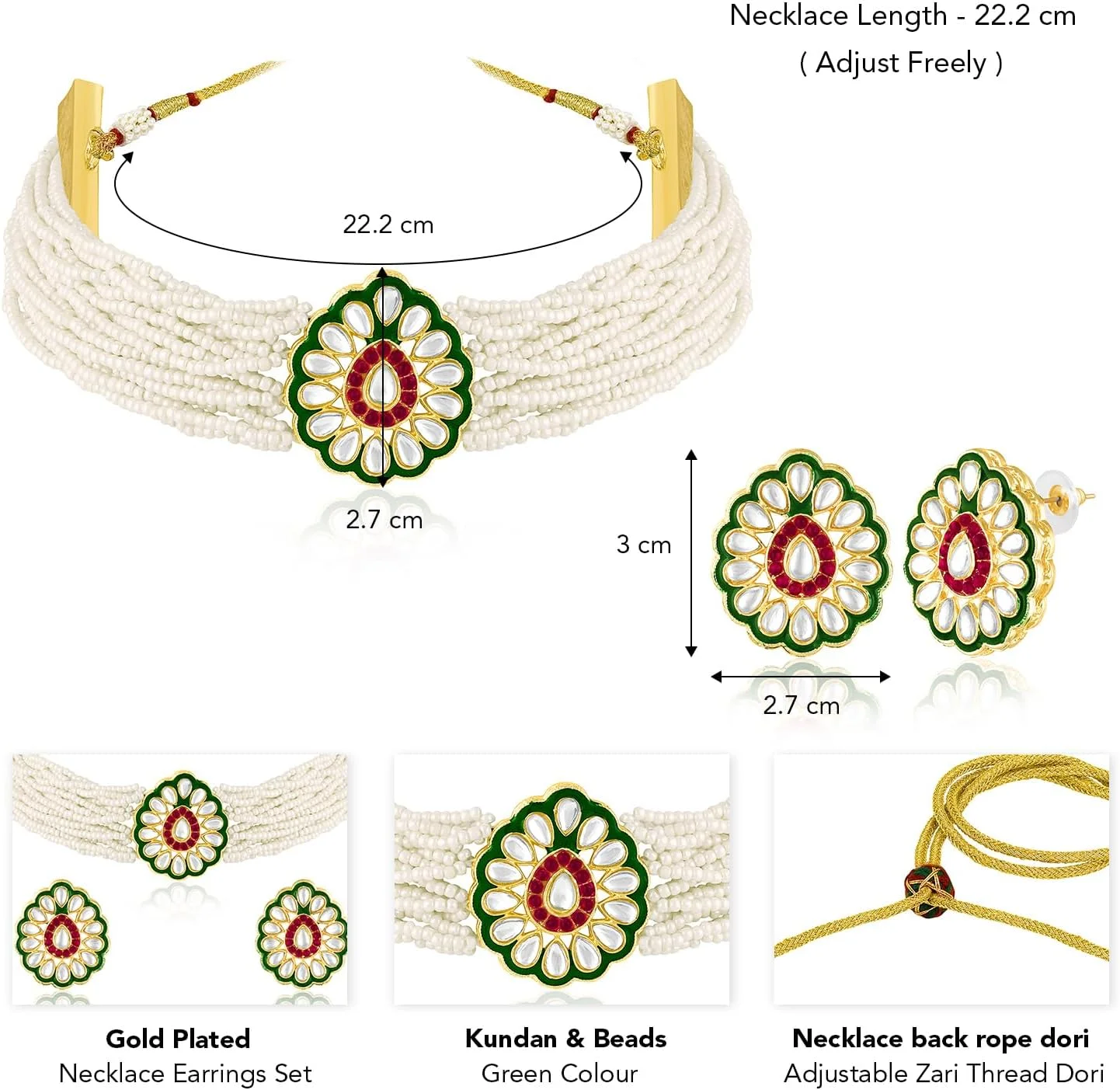 آهلی ست گردنبند و گوشواره نگین دار سفید و سبز با سنگ های Kundan و مهره، جواهرات قومی برای زنان آهلی ست گردنبند و گوشواره نگین دار سفید و سبز با سنگ های Kundan و مهره، جواهرات قومی برای زنان