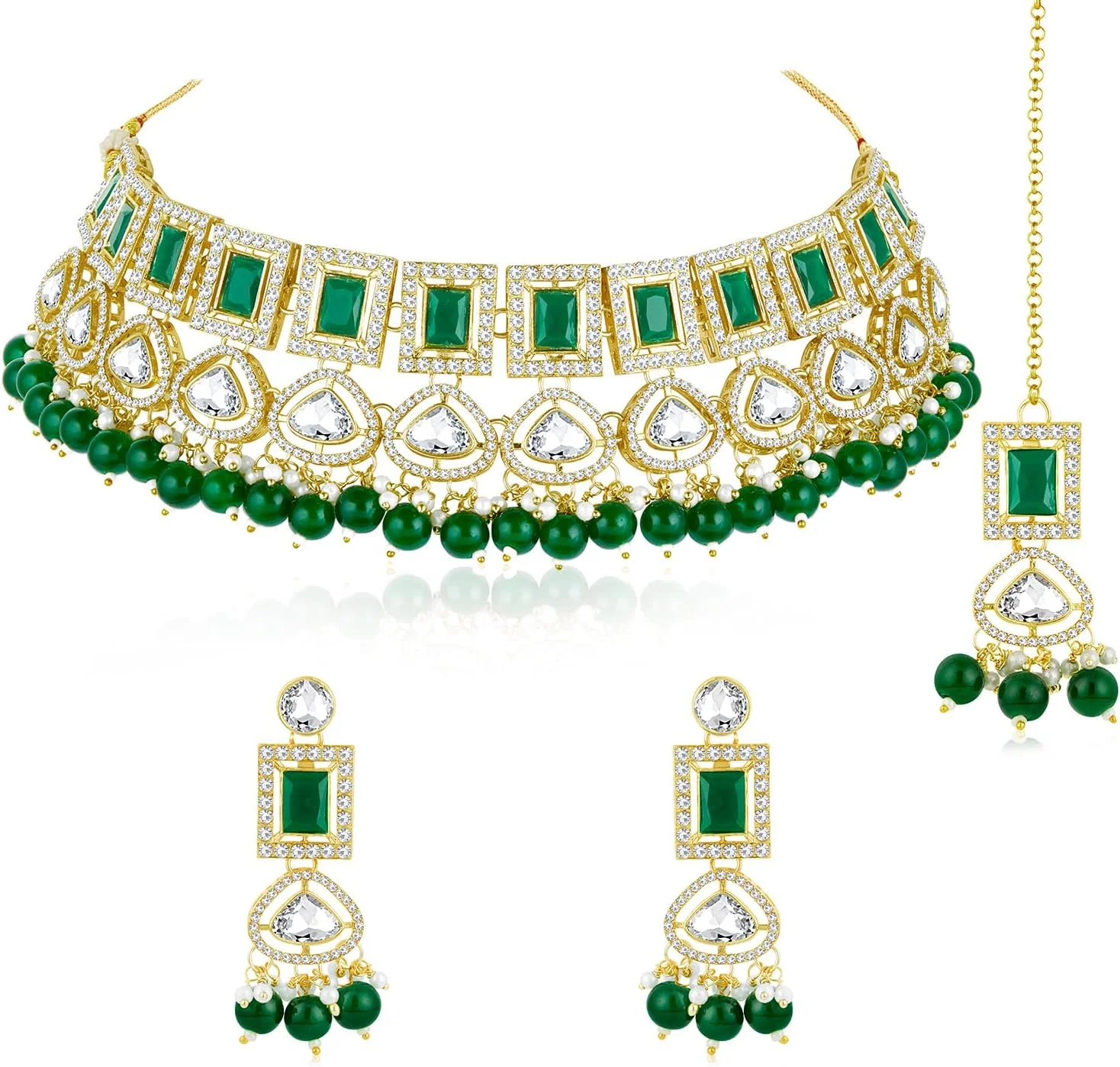 آهلی ست زیورآلات زنانه شامل گردنبند نگین دار، گوشواره آویز و مانگ تیکا با سنگ های زیرکونیا و مهره های مصنوعی سبز آهلی ست زیورآلات زنانه شامل گردنبند نگین دار، گوشواره آویز و مانگ تیکا با سنگ های زیرکونیا و مهره های مصنوعی سبز