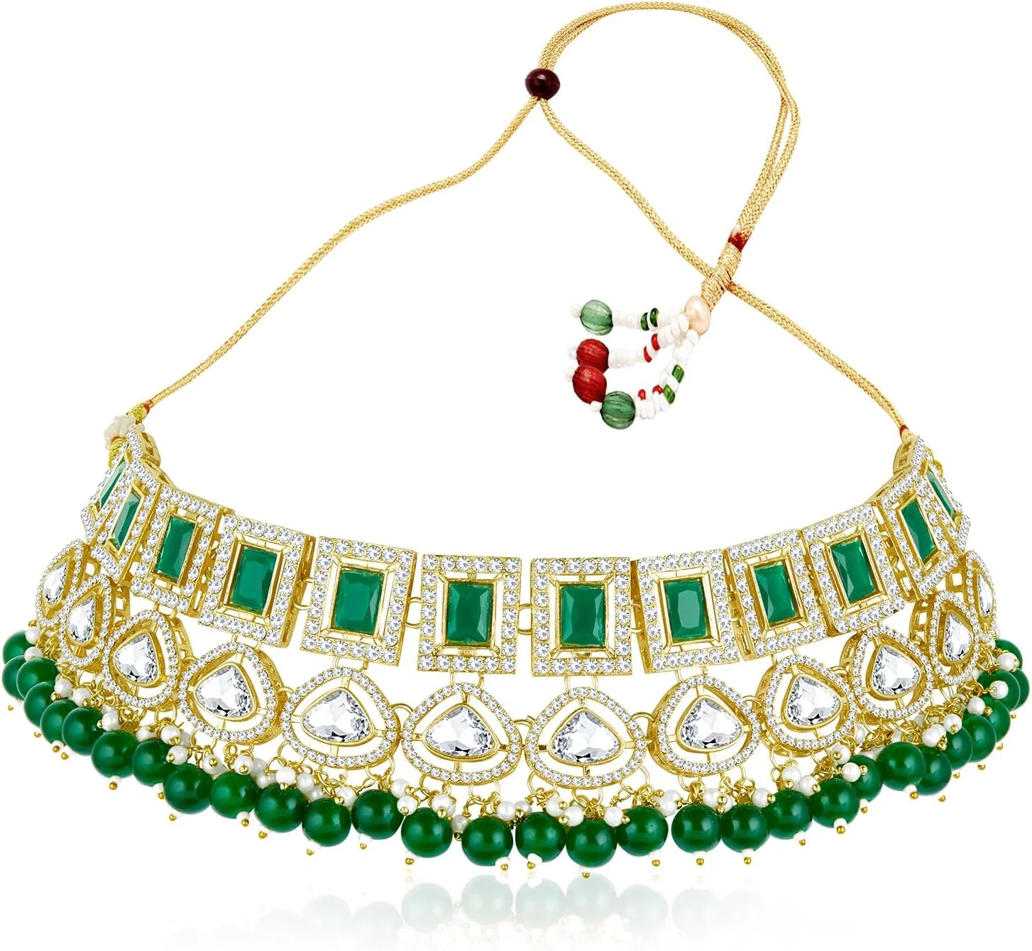 آهلی ست زیورآلات زنانه شامل گردنبند نگین دار، گوشواره آویز و مانگ تیکا با سنگ های زیرکونیا و مهره های مصنوعی سبز