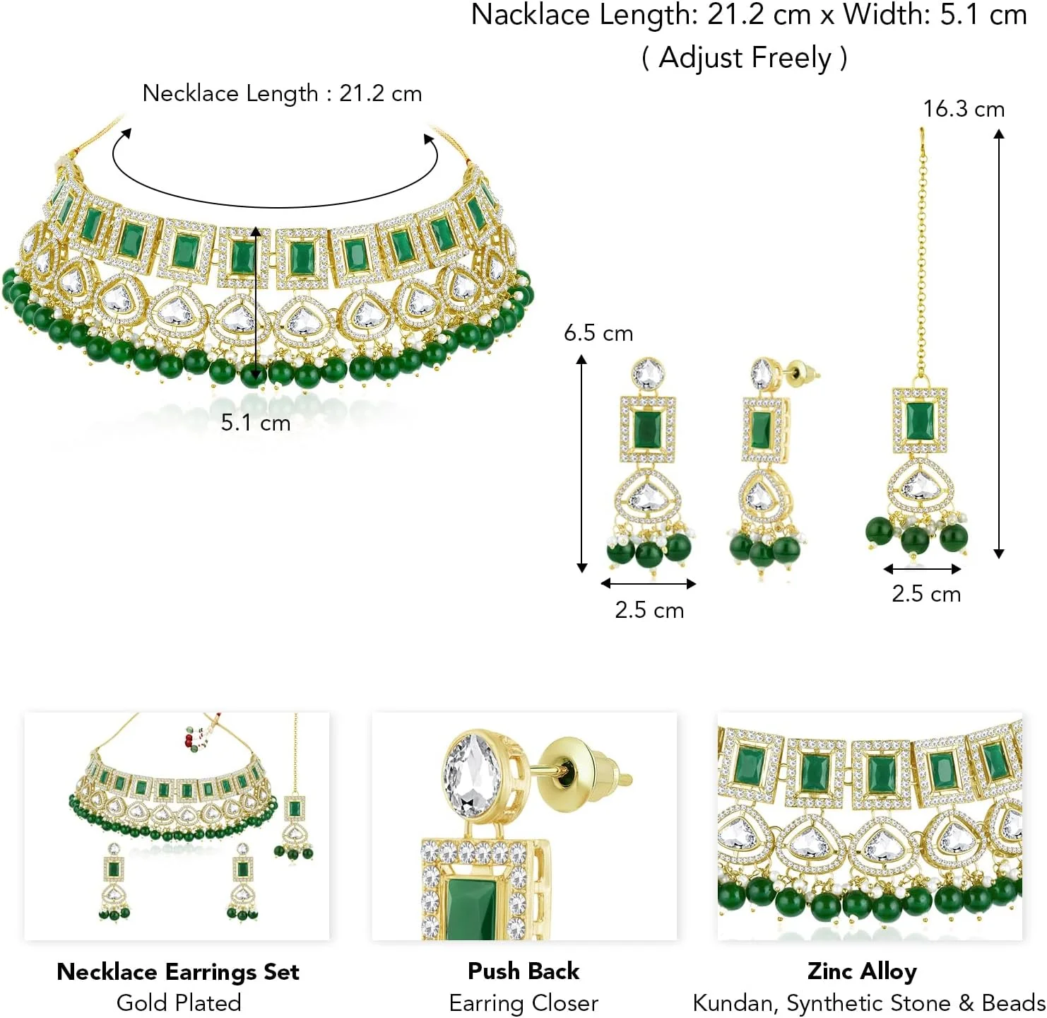 آهلی ست زیورآلات زنانه شامل گردنبند نگین دار، گوشواره آویز و مانگ تیکا با سنگ های زیرکونیا و مهره های مصنوعی سبز