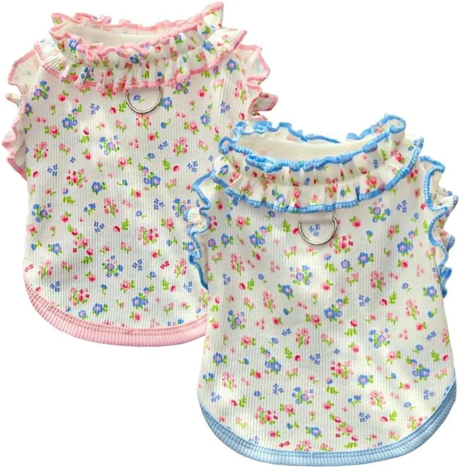 ست ۲ عددی تی‌شرت سگ با طرح گل‌دار و حلقه D، لباس چین‌دار سگ دخترانه برای سگ‌های کوچک، جلیقه سبک و بدون آستین حیوانات خانگی مناسب فصل بهار و تابستان (صورتی آبی، کوچک)