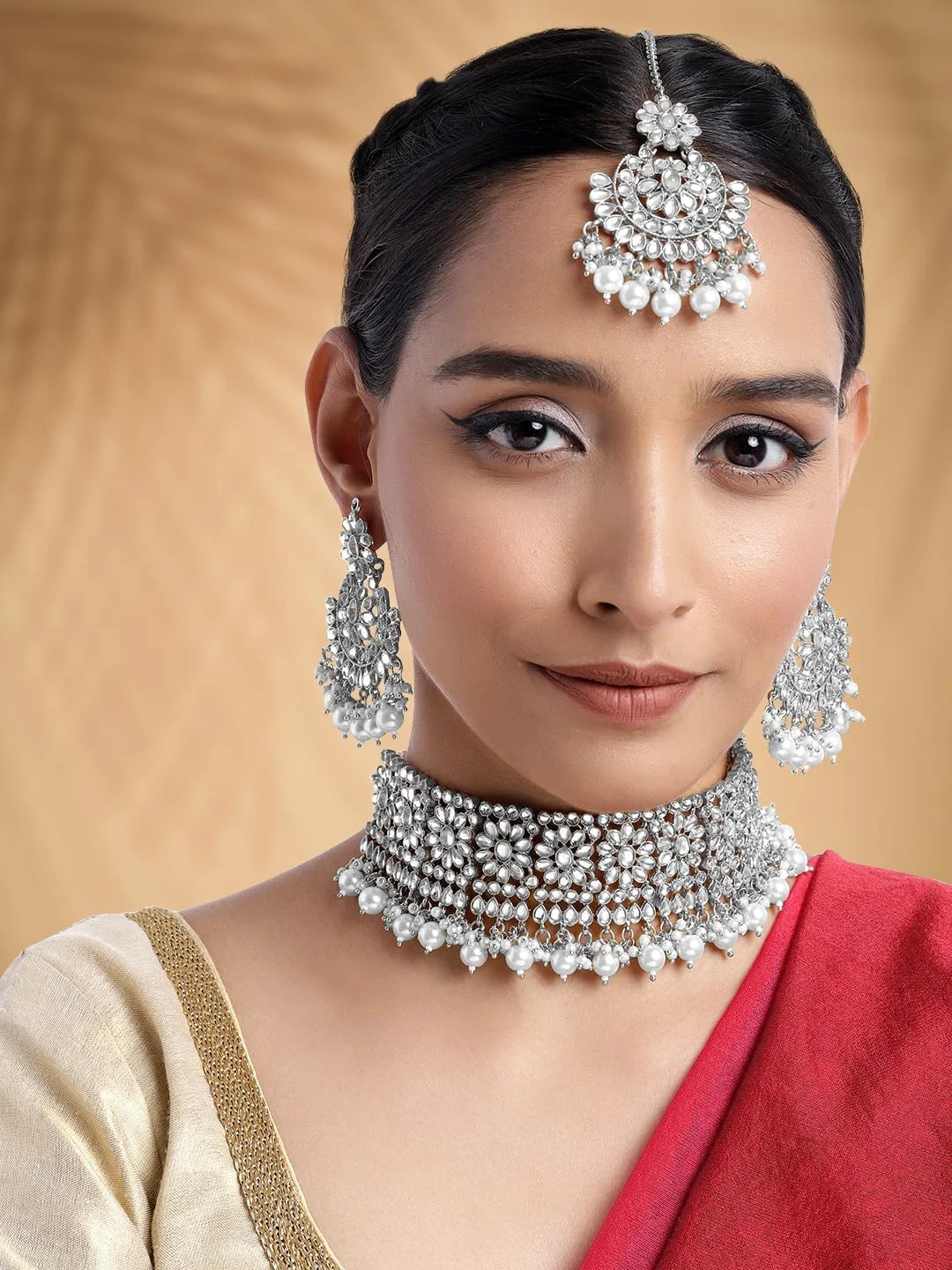 ست گردنبند، گوشواره آویز و مانگ تیکا زنانه با روکش نقره، نگین کاری شده با سنگ های قیمتی و مهره، جواهرات قومی اهلی