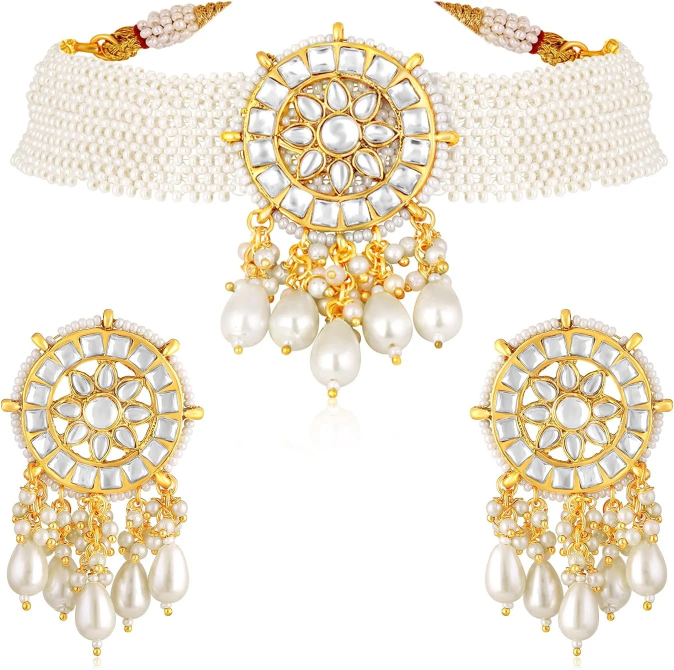 آهلی، ست زیورآلات زنانه شامل گردنبند و گوشواره آویز با روکش طلایی، مزین به نگین های سفید و مهره آهلی، ست زیورآلات زنانه شامل گردنبند و گوشواره آویز با روکش طلایی، مزین به نگین های سفید و مهره