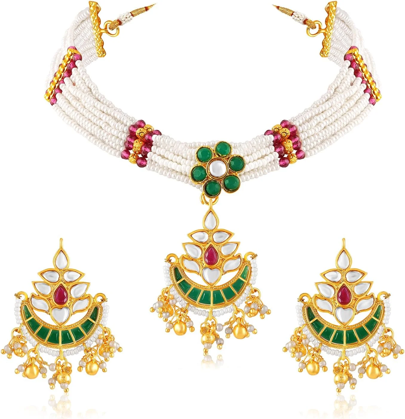 ست جواهرات زنانه Aheli با روکش طلایی، نگین های Kundan صورتی، سبز و مهره ای شامل گردنبند و گوشواره آویز ست جواهرات زنانه Aheli با روکش طلایی، نگین های Kundan صورتی، سبز و مهره ای شامل گردنبند و گوشواره آویز