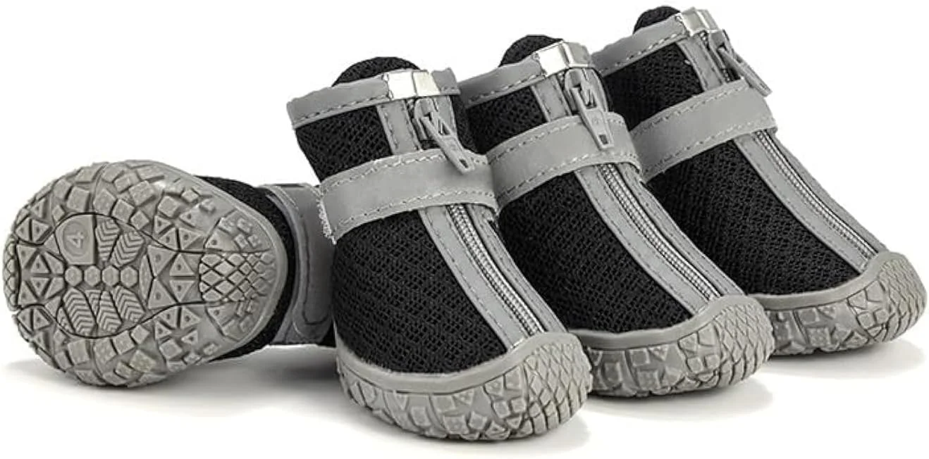 کفش سگ، 4 عدد پاپوش ضد لغزش، تنفسی و ضد آب سگ، محافظ پنجه چکمه برای سگ های کوچک، کفش پیاده روی سگ با زیپ و بند قابل تنظیم بازتابنده، برای پیاده‌روی در زمستان و سطوح داغ (مشکی، متوسط)