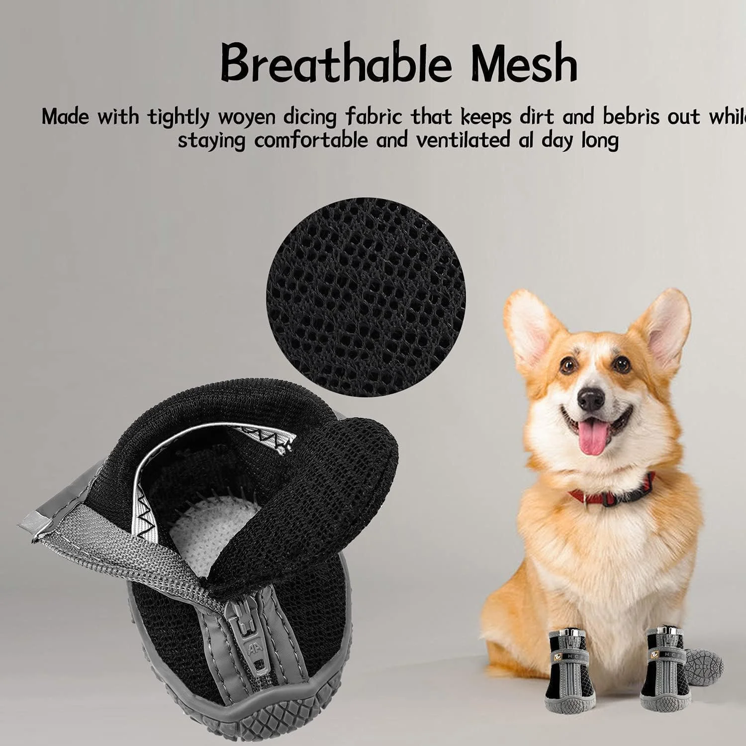 کفش سگ، 4 عدد پاپوش ضد لغزش، تنفسی و ضد آب سگ، محافظ پنجه چکمه برای سگ های کوچک، کفش پیاده روی سگ با زیپ و بند قابل تنظیم بازتابنده، برای پیاده‌روی در زمستان و سطوح داغ (مشکی، متوسط)