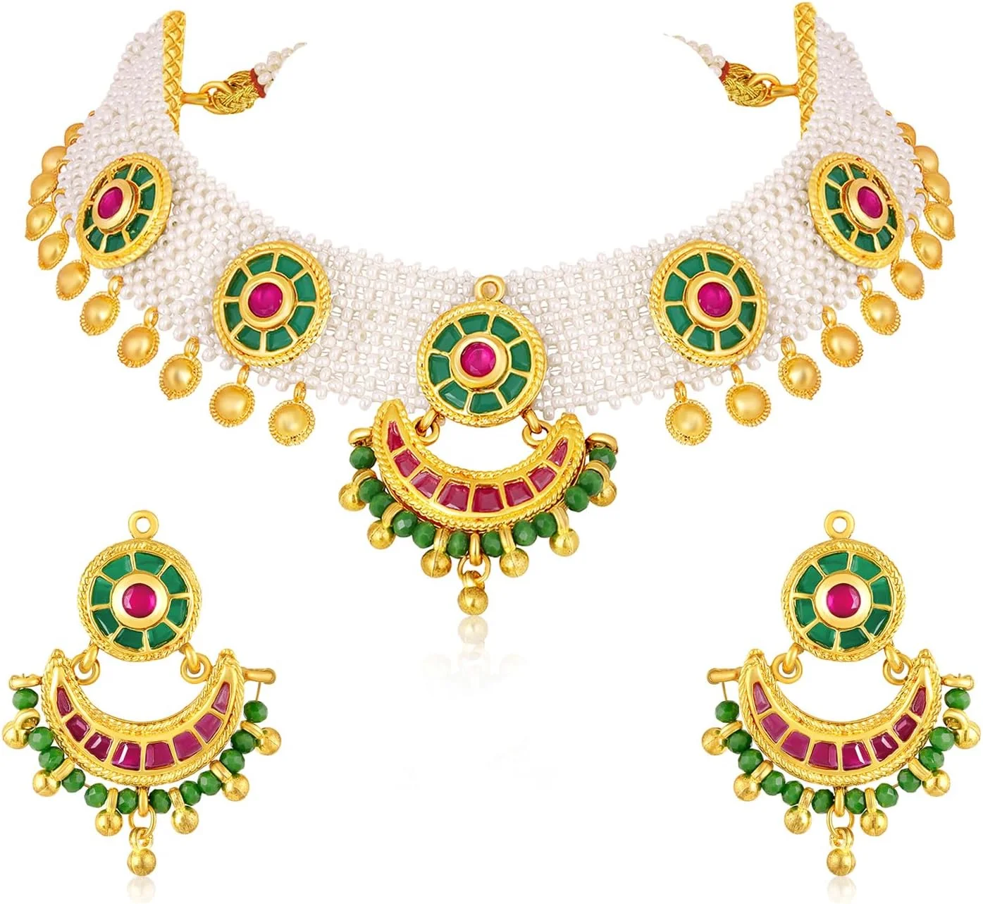 آهلی، ست جواهرات زنانه شامل گردنبند نگیندار، گوشواره آویز، سنگهای مصنوعی صورتی، سبز و مهره، با روکش طلایی و طراحی قومی آهلی، ست جواهرات زنانه شامل گردنبند نگیندار، گوشواره آویز، سنگهای مصنوعی صورتی، سبز و مهره، با روکش طلایی و طراحی قومی