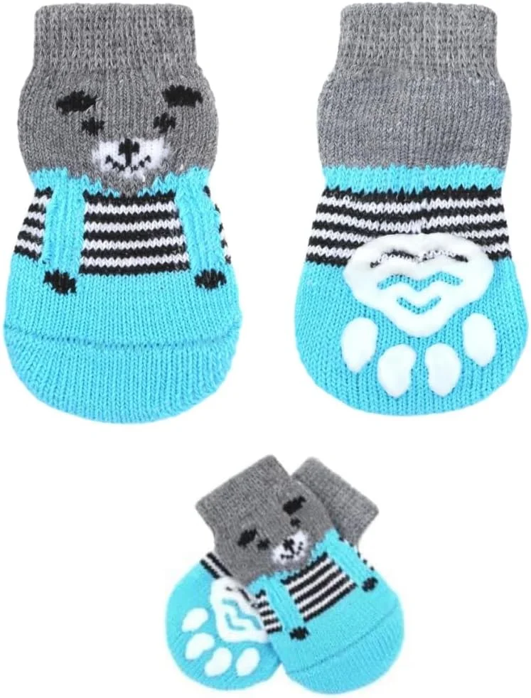 جوراب سگ ضد لغزش 4 عددی، کفش حیوانات خانگی ضد آب و تنفسی، محافظ پنجه سگ با زیره لاستیکی برای جوراب سگ و گربه، جوراب پنجه گربه مناسب برای استفاده در داخل و خارج از منزل، 3×7.5 سانتی متر