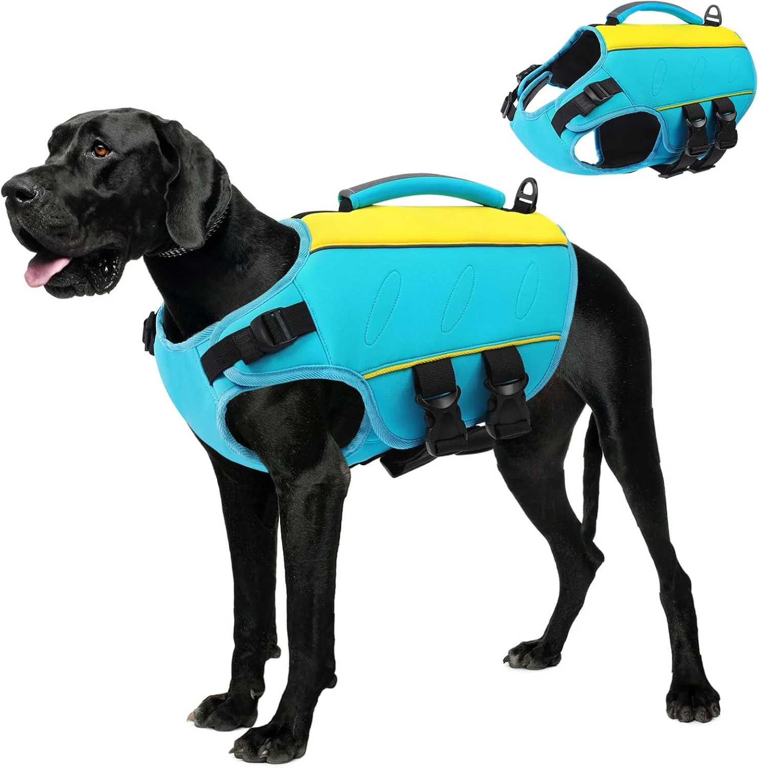 جلیقه نجات سگ AOFITEE مقاوم در برابر پارگی برای سگ های کوچک، متوسط و بزرگ، جلیقه نجات بازتابنده سگ برای شنا، قایق سواری، جلیقه نجات قابل تنظیم سگ با دسته نجات و شناوری عالی