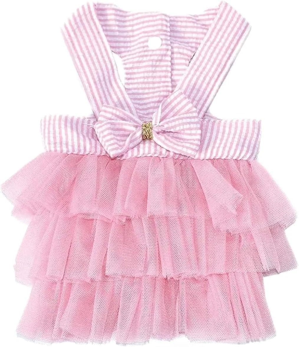 لباس سگ خانگی Aputue، لباس توری راه راه با پاپیون، لباس صورتی زیبا برای سگ، مناسب برای جشن تولد و استفاده روزانه، جلیقه کوچک پرنسسی با پاپیون