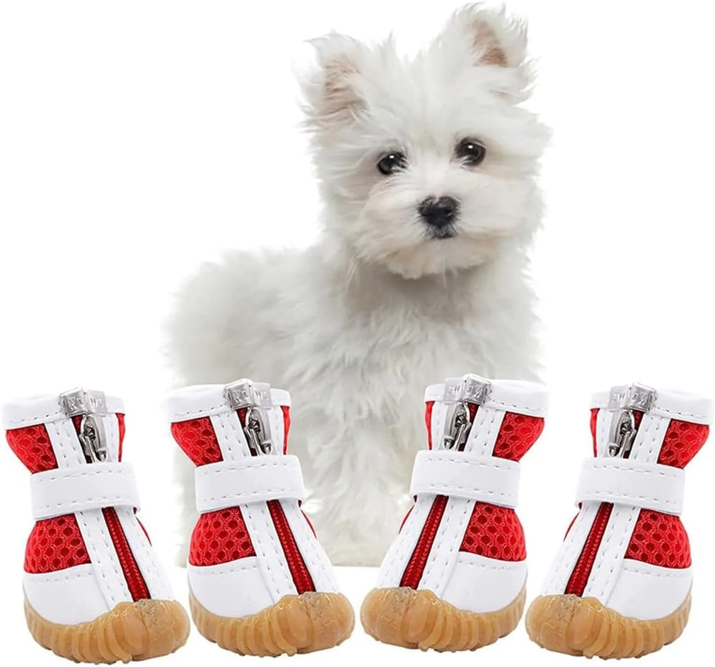 کفش توری سگ، 4 عدد صندل چکمه ای ضد آب توله سگ با زیره ضد لغزش و زیپ، سایز 4 کفش سگ تنفسی ضد لغزش برای سگ های کوچک، کفش پیاده روی سگ برای پیاده روهای داغ