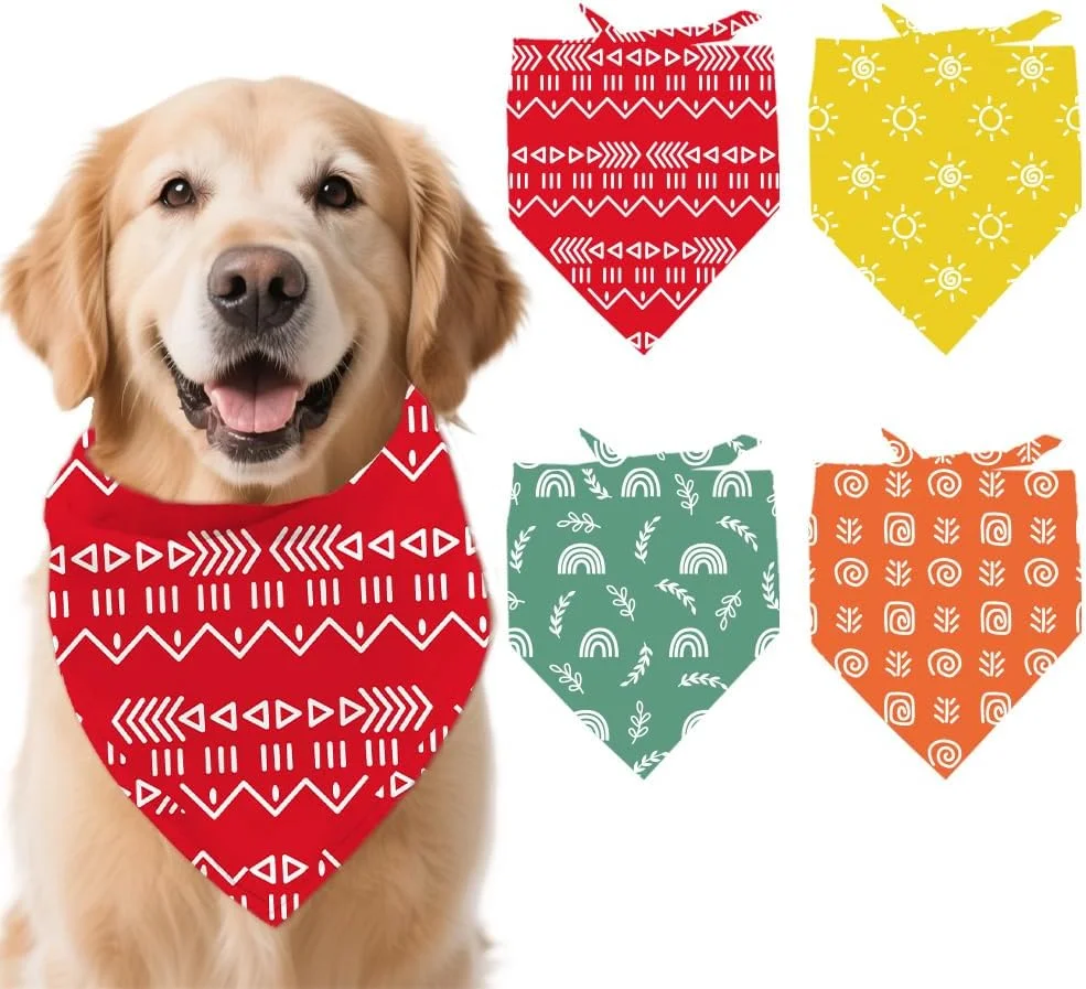 آریکرافت 4 عدد دستمال گردن حیوانات خانگی پلی استر طرح بوهمی، روسری سگ رنگین کمانی پارچه ای مثلثی قابل شستشو برای لوازم جانبی لباس سگ و گربه کوچک متوسط بزرگ 68x48 سانتی متر