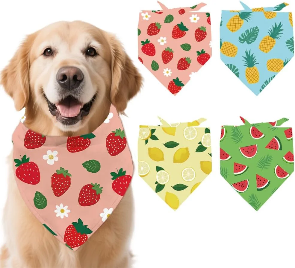 آرریکرافت 4 عدد دستمال گردن حیوانات خانگی پلی استر طرح میوه، روسری سگ لیمویی توت فرنگی پارچه مثلثی قابل شستشو لوازم جانبی لباس سگ و گربه سایز کوچک متوسط بزرگ دکوراسیون مهمانی تابستانی