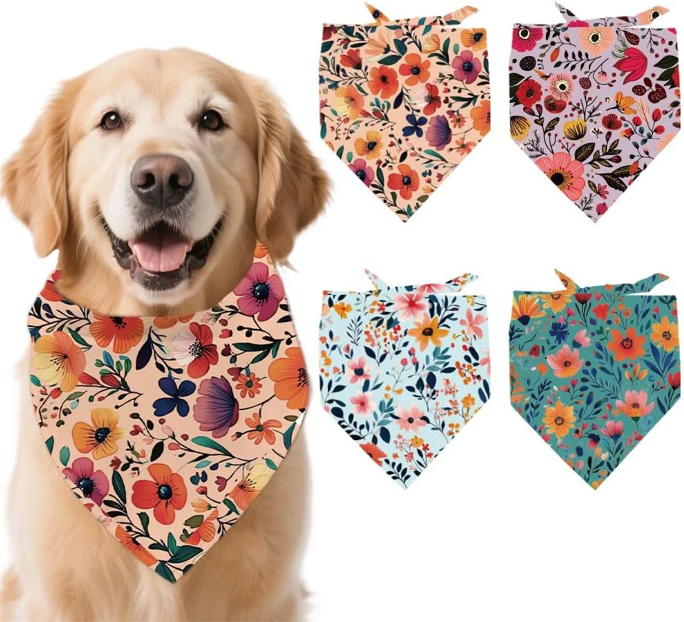 آرریکرافت 4 عدد دستمال گردن حیوانات خانگی پلی استر، روسری سگ طرح گل زیبا پارچه مثلثی قابل شستشو دستمال گردن حیوانات خانگی برای لوازم جانبی لباس گربه و سگ کوچک متوسط بزرگ دکوراسیون مهمانی تابستانی