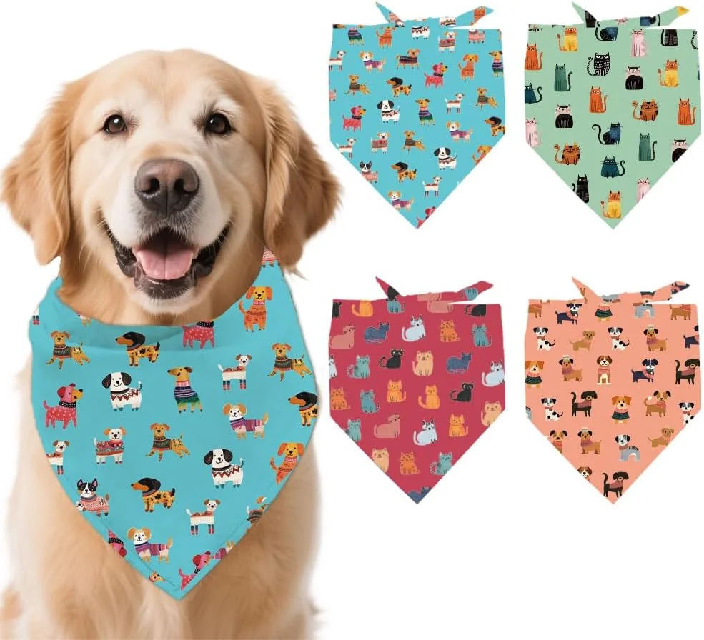 آرریکرافت، 4 عدد دستمال گردن حیوانات خانگی پلی استر، روسری سگ طرح دار قابل شستشو پارچه مثلثی لوازم جانبی لباس سگ و گربه کوچک متوسط بزرگ 68x48 سانتی متر