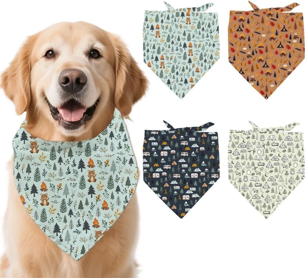 آری‌کرافت، 4 عدد دستمال گردن حیوانات خانگی از جنس پلی‌استر، دستمال سگ طرح کمپینگ جنگلی مناسب فضای باز، دستمال مثلثی پارچه‌ای قابل شستشو برای سگ و گربه کوچک، متوسط و بزرگ، لوازم جانبی لباس، 68x48 سانتی‌متر