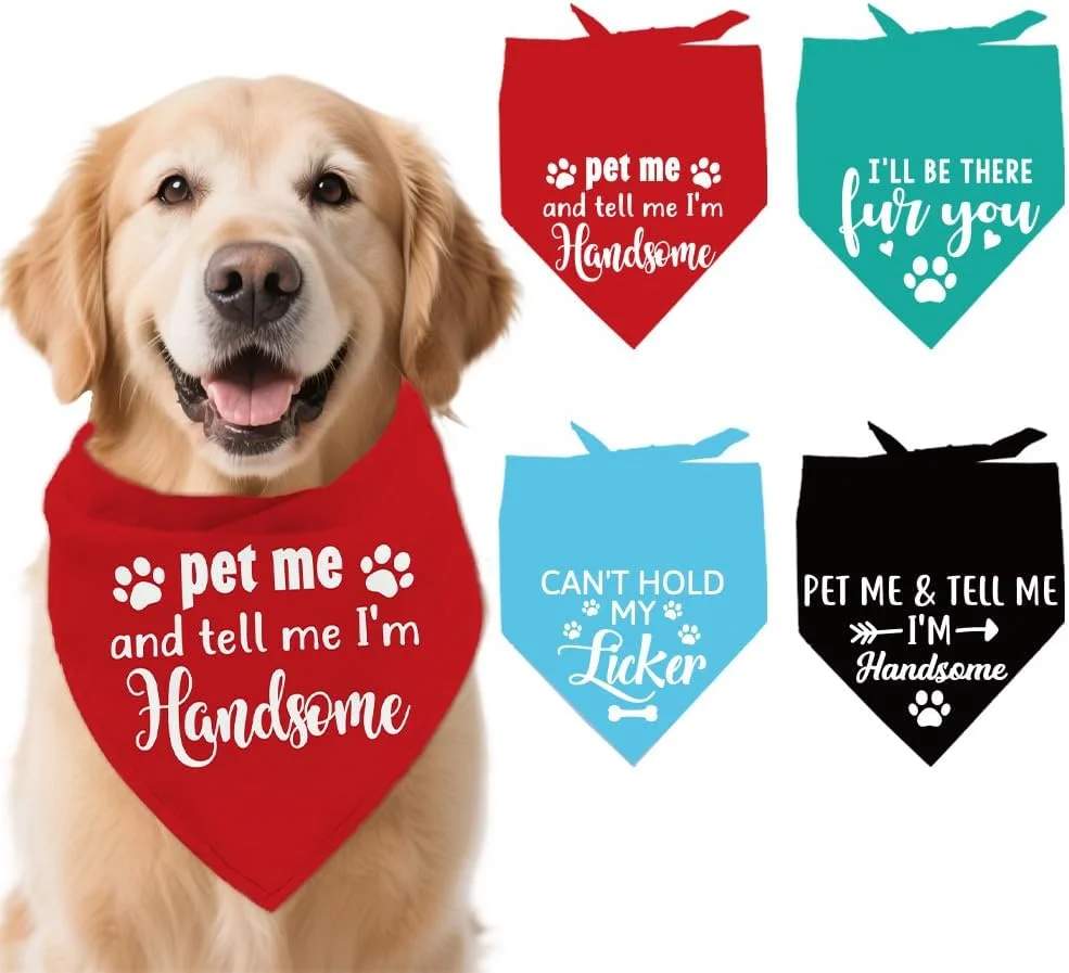 آرریکرافت 4 عدد دستمال گردن حیوانات خانگی پلی استر، دستمال سگ طرح "نوازشم کن و بگو خوش تیپم"، دستمال سه گوش پارچه ای قابل شستشو برای سگ و گربه کوچک، متوسط و بزرگ، لوازم جانبی لباس سگ و گربه 68x48 سانتی متر