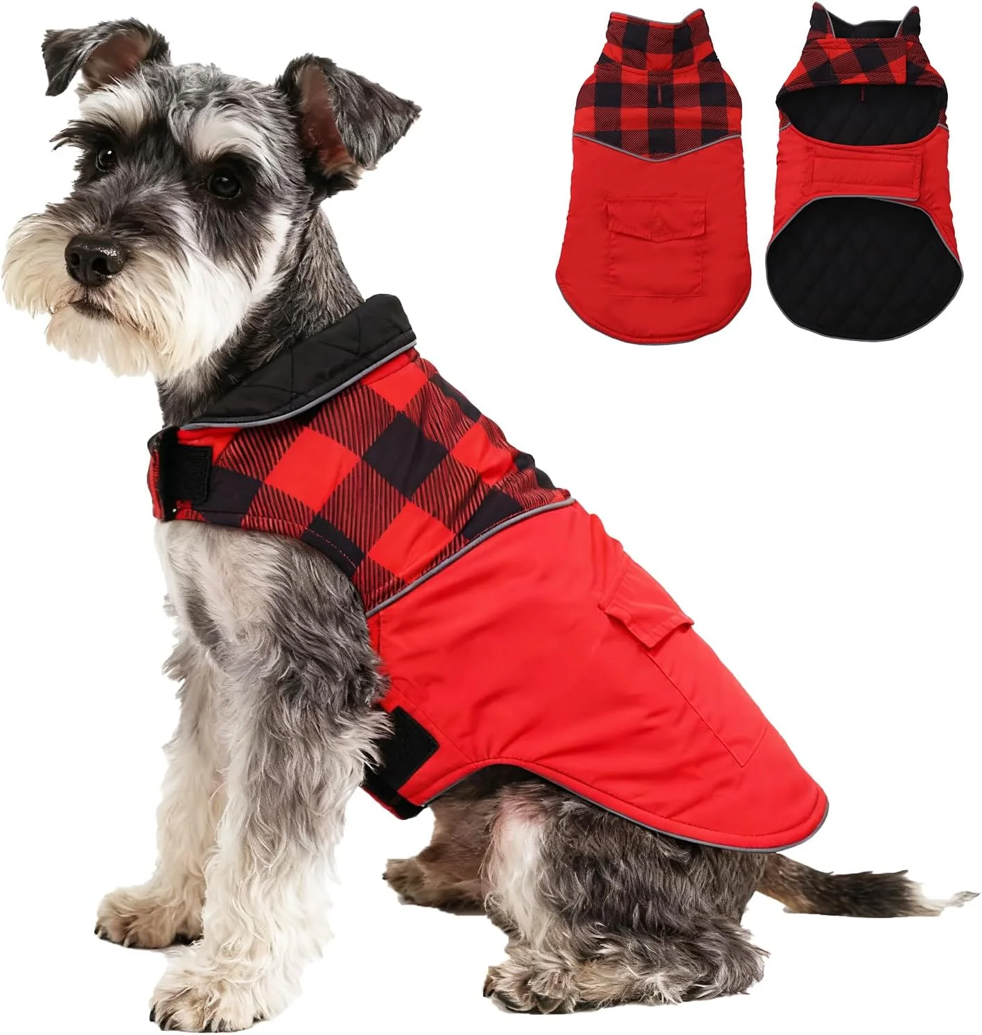 کت زمستانی ضد آب سگ با جای قلاب قلاده، ژاکت گرم بازتابنده توله سگ، لباس حیوانات خانگی سگ با آستر لحافی، ایده آل برای نژادهای کوچک و متوسط - قرمز - M