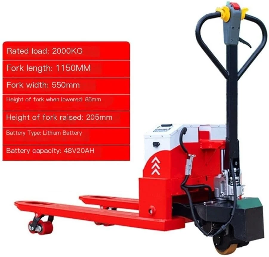 جک پالت برقی کامل لیتیومی، جک پالت واکی برقی با ظرفیت 2000 کیلوگرم و ابعاد شاخک 115 × 55 سانتیمتر، مناسب برای جابجایی مواد