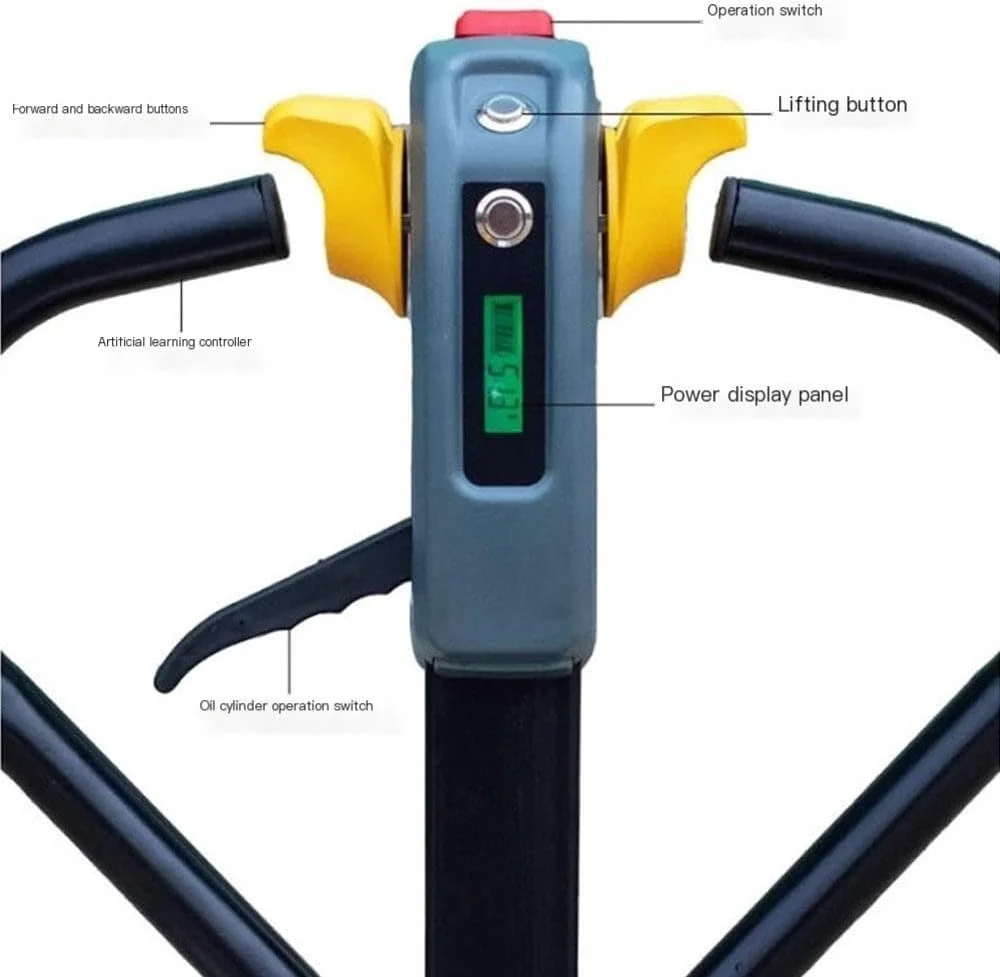 جک پالت برقی کامل لیتیومی، جک پالت واکی برقی با ظرفیت 2000 کیلوگرم و ابعاد شاخک 115 × 55 سانتیمتر، مناسب برای جابجایی مواد