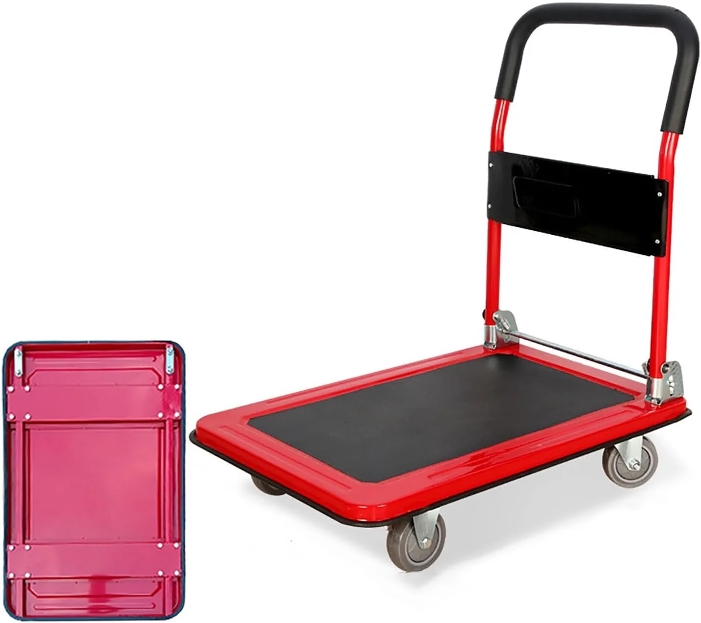 چرخ دستی تاشو سکویی، چرخ دستی تخت تاشو حمل بار، چرخ دستی خدماتی صفحه ای، چرخ دستی سکویی هل دادنی برای کارگاه اداری منزل (قرمز، 77x50x83 سانتی متر)