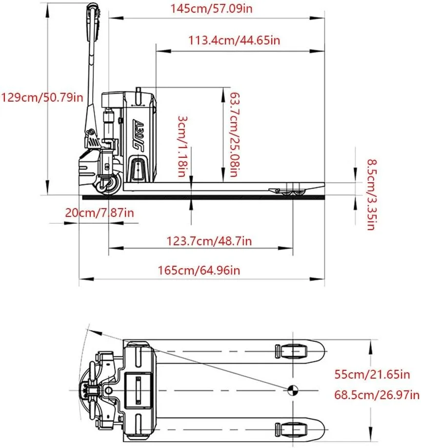 جک پالت برقی کامیون جک پالت با باتری لیتیومی، جک پالت کلاسیک با ظرفیت 2000 کیلوگرم، دسته چند منظوره، مورد استفاده برای جابجایی و نگهداری و بالابر پالت (55 سانتی متر)