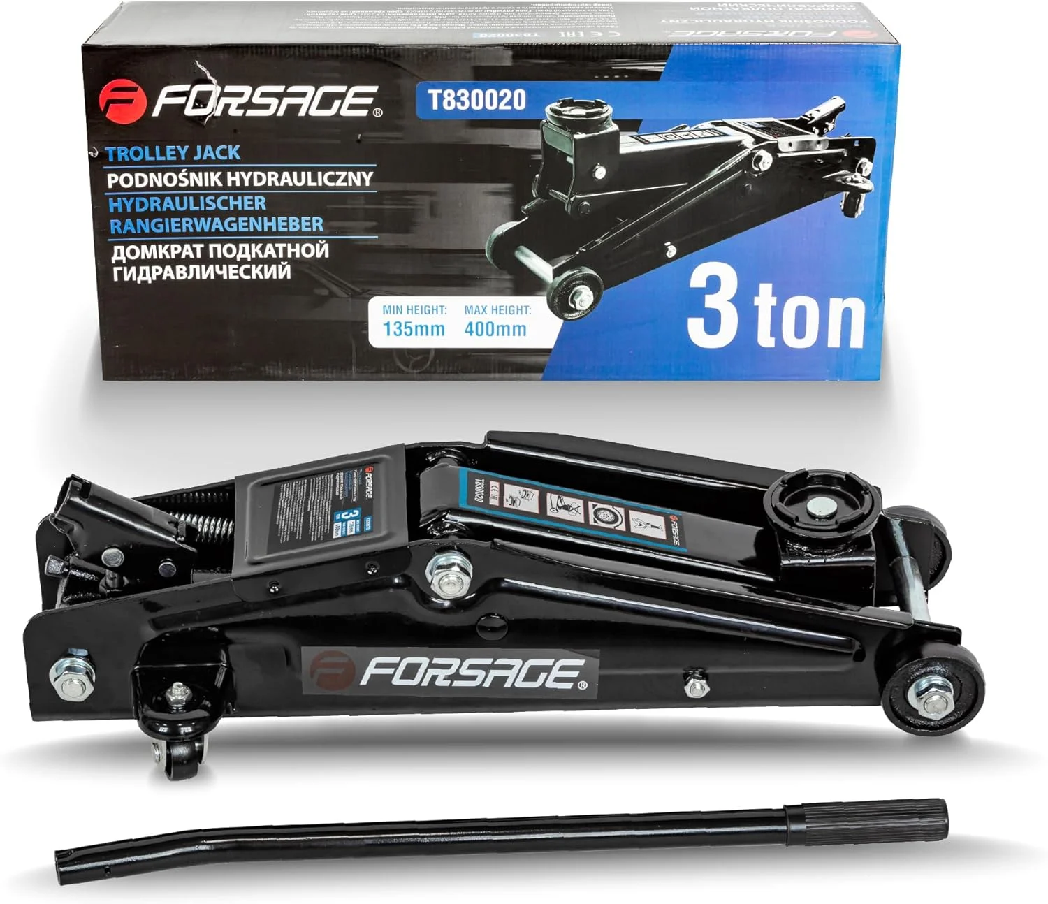 جک روغنی چرخ دار فورس ایج 3 تن، ارتفاع کمینه 135 میلی متر، ارتفاع بیشینه 400 میلی متر