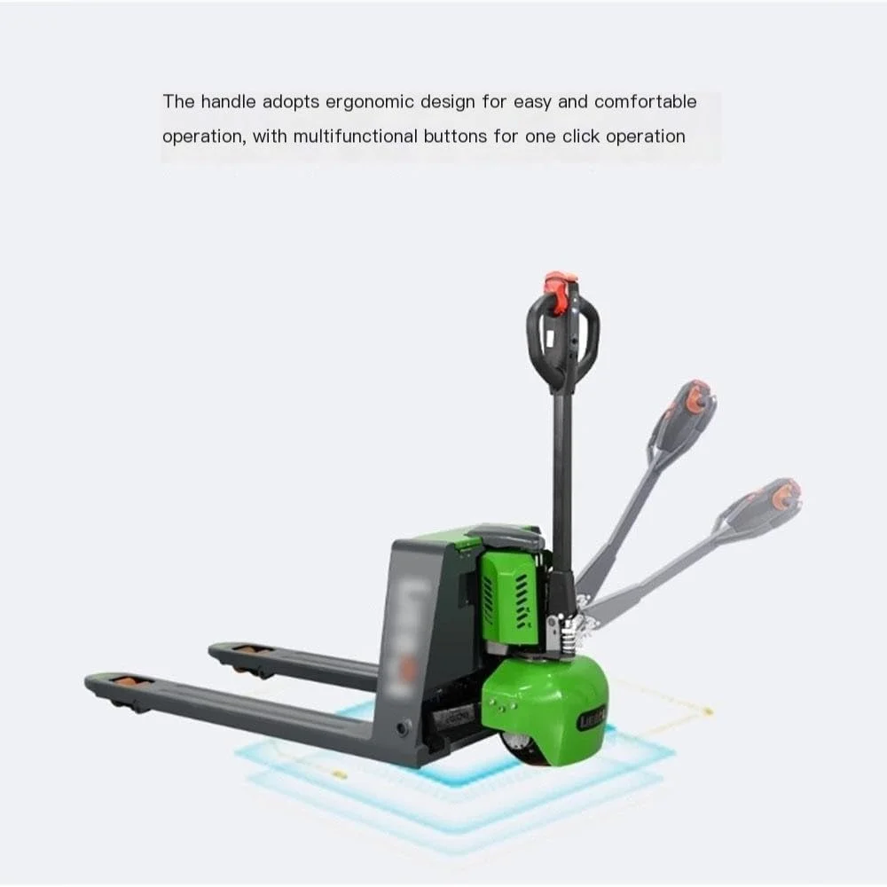 جک پالت برقی GLigeT با دسته چند منظوره. جک پالت لیتیومی با ظرفیت 1500 کیلوگرم و باتری لیتیومی (55 سانتی متر)