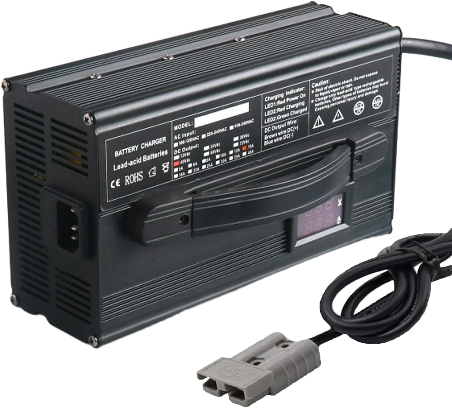 شارژر باتری لیفتراک Lzyjckz با ولتاژهای 12V/24V/36V/48V/60V/72V و توان 900 وات به همراه پلاگین Anderson مناسب برای لیفتراک برقی، جک پالت و کف شوی