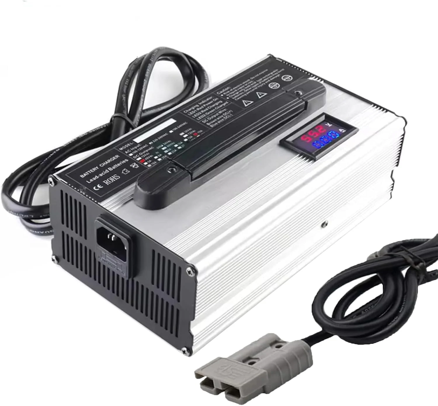 شارژر باتری ۹۰۰ واتی Lzyjckz با توان بالا برای لیفتراک، ۱۲ ولت/۲۴ ولت/۳۶ ولت/۴۸ ولت/۶۰ ولت/۷۲ ولت با نمایشگر LCD و دوشاخه اندرسون ۵۰ آمپر/۱۲۰ آمپر، برای لیفتراک برقی، جک پالت، کف شوی