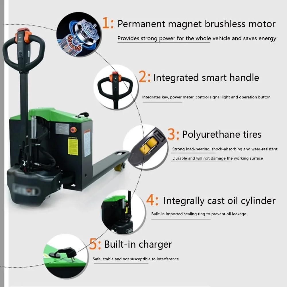 چرخ دستی پالت برقی کامل با ظرفیت 1500 کیلوگرم، جک پالت برقی لیتیومی برای جابجایی مواد، چرخ دستی سنگین روی چرخ (68 سانتی متر)