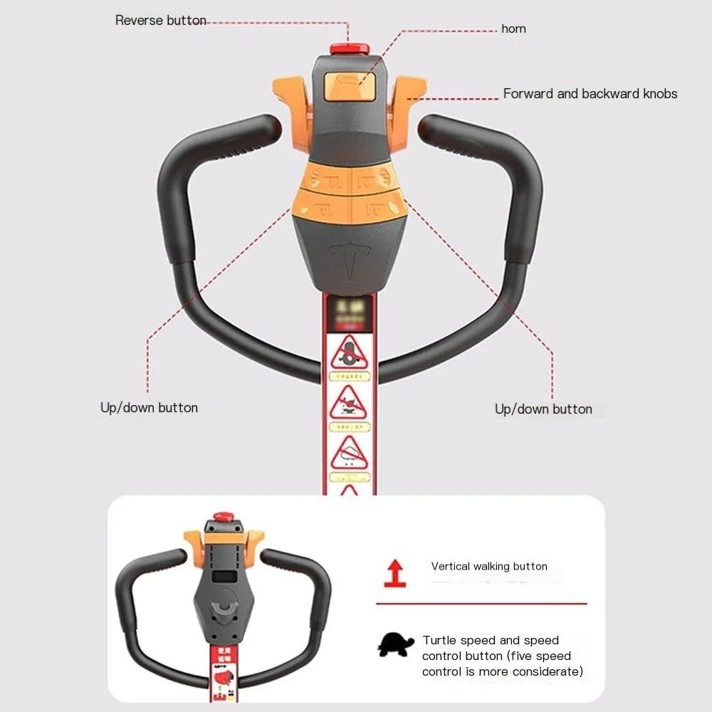 چرخ دستی پالت برقی کامل با باتری لیتیومی، ظرفیت 2000 کیلوگرم، طول 115 سانتی متر در عرض 68.5 سانتی متر، اندازه شاخک برای جابجایی مواد، دسته چند منظوره، چرخ دستی سنگین روی چرخ