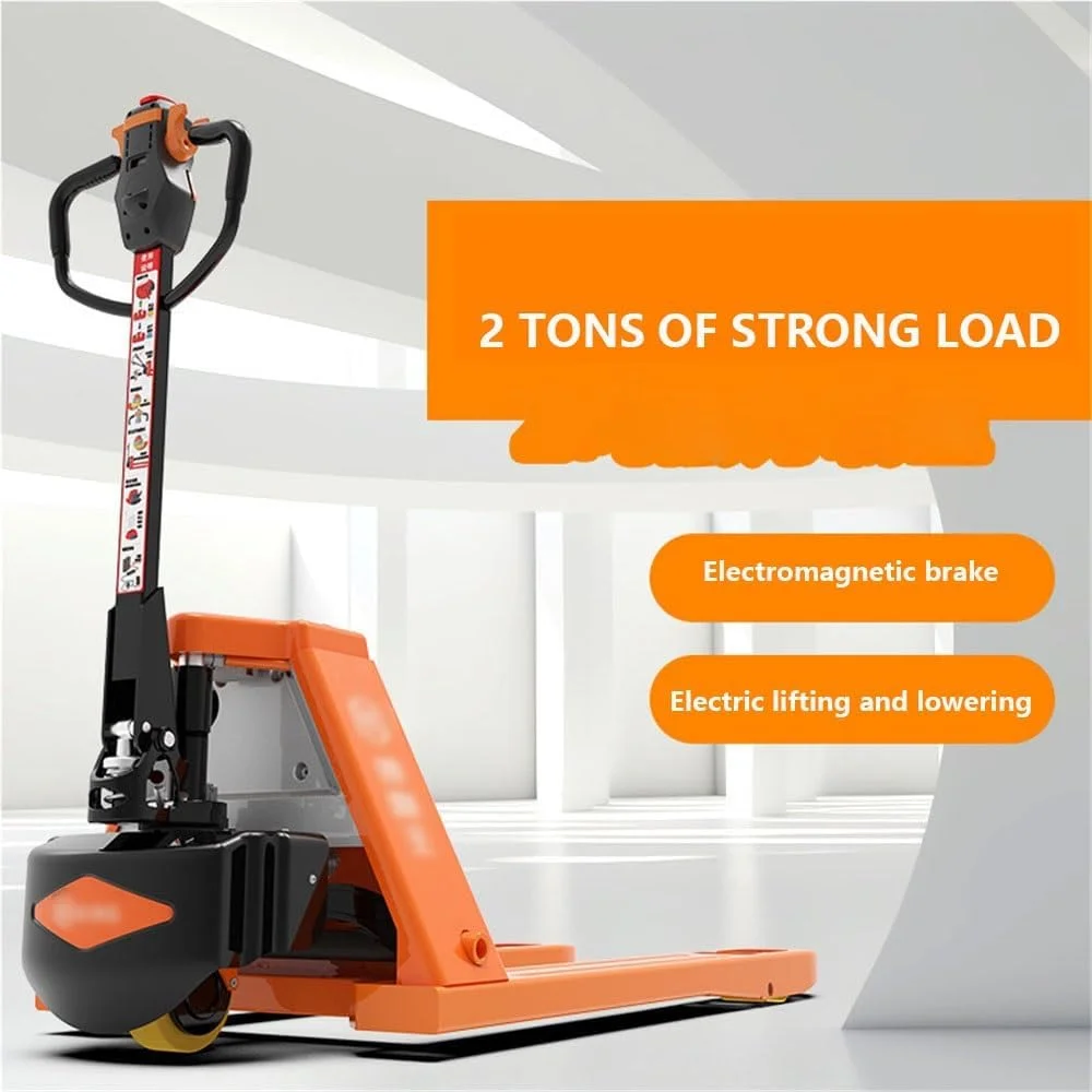 چرخ دستی پالت برقی کامل با باتری لیتیومی، ظرفیت 2000 کیلوگرم، طول 115 سانتی متر در عرض 68.5 سانتی متر، اندازه شاخک برای جابجایی مواد، دسته چند منظوره، چرخ دستی سنگین روی چرخ