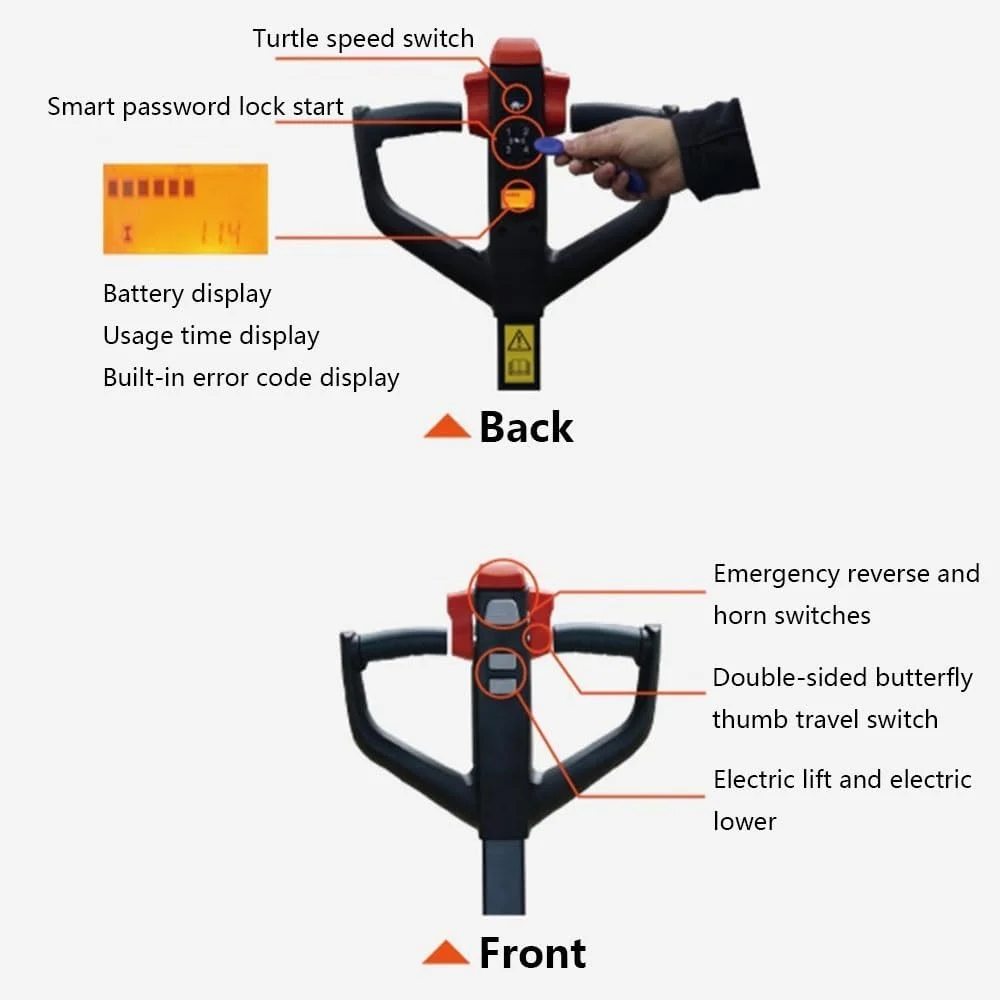 چرخ دستی پالت برقی کامل با ظرفیت 1500 کیلوگرم، باتری لیتیومی، نوع مینی، کامیون پالت پیاده روی، جک پالت برای فضای باریک، چرخ دستی سنگین روی چرخ (68.5 سانتی متر)