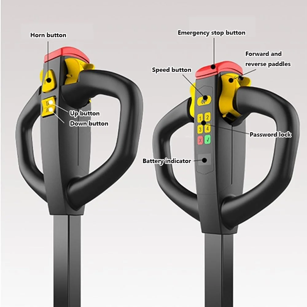 چرخ دستی حمل بار برقی کامل با باتری لیتیومی، جک پالت کوچک پیاده‌روی، ظرفیت 3000 کیلوگرم، شاخک 117 سانتی‌متری در 68 سانتی‌متری، دسته چند منظوره، چرخ دستی سنگین روی چرخ