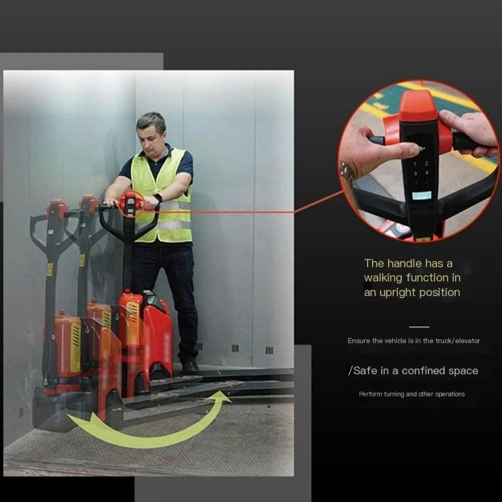 چرخ دستی پالت برقی کامل با ظرفیت 1500 کیلوگرم، باتری لیتیومی، نوع مینی، کامیون پالت پیاده روی، جک پالت برای فضای باریک، چرخ دستی سنگین روی چرخ (68.5 سانتی متر)