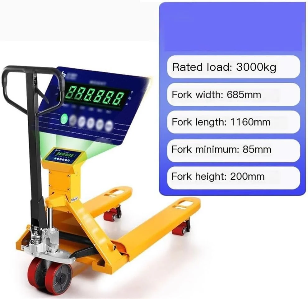 پالت تراک قابل تنظیم Xumh2024-3 با ظرفیت 3000 کیلوگرم، جک پالت قابل تنظیم، حمل کننده بار، ترازوی دستی، پالت تراک دستی با ترازوی توزین، پالت تراک سنگین