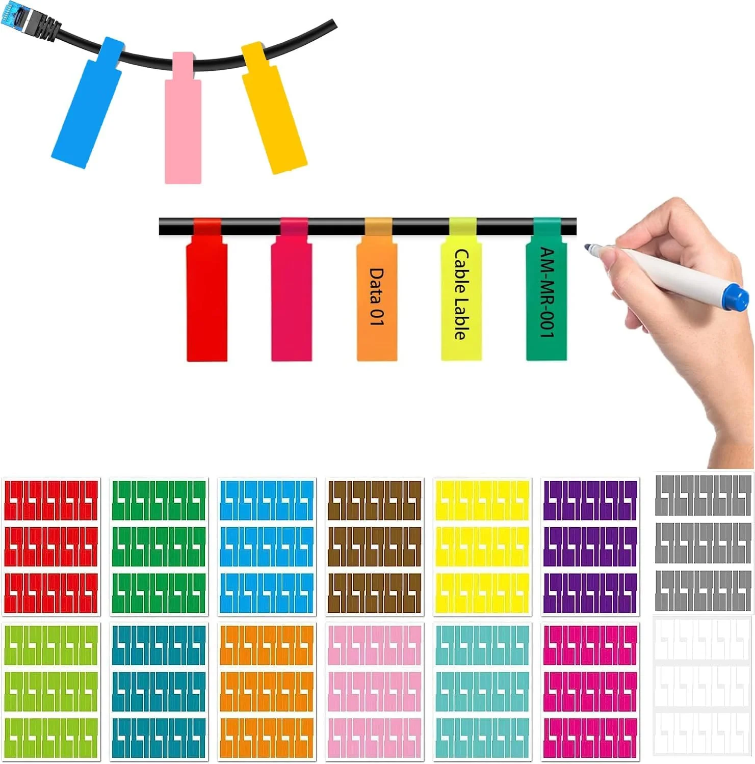 برچسب کابل Azonee، برای مدیریت کابل، 14 برگه برچسب سیم ضد آب رنگی قابل نوشتن با دست، برچسب سیم مقاوم در برابر پارگی خود چسب، سازماندهی آسان کابل های شما، مناسب برای چاپگر لیزری