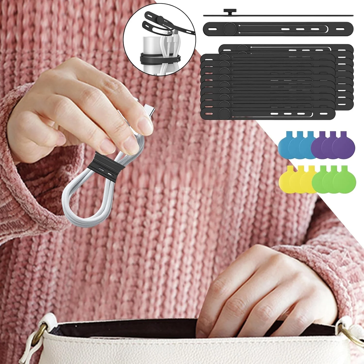 برچسب کابل - سازمان دهنده سیلیکونی قابل استفاده مجدد، برچسب مدیریت سیم، برای لوازم الکترونیکی، ذخیره سازی سبک زندگی، گجت، سازماندهی شخصی سفر، میز کار