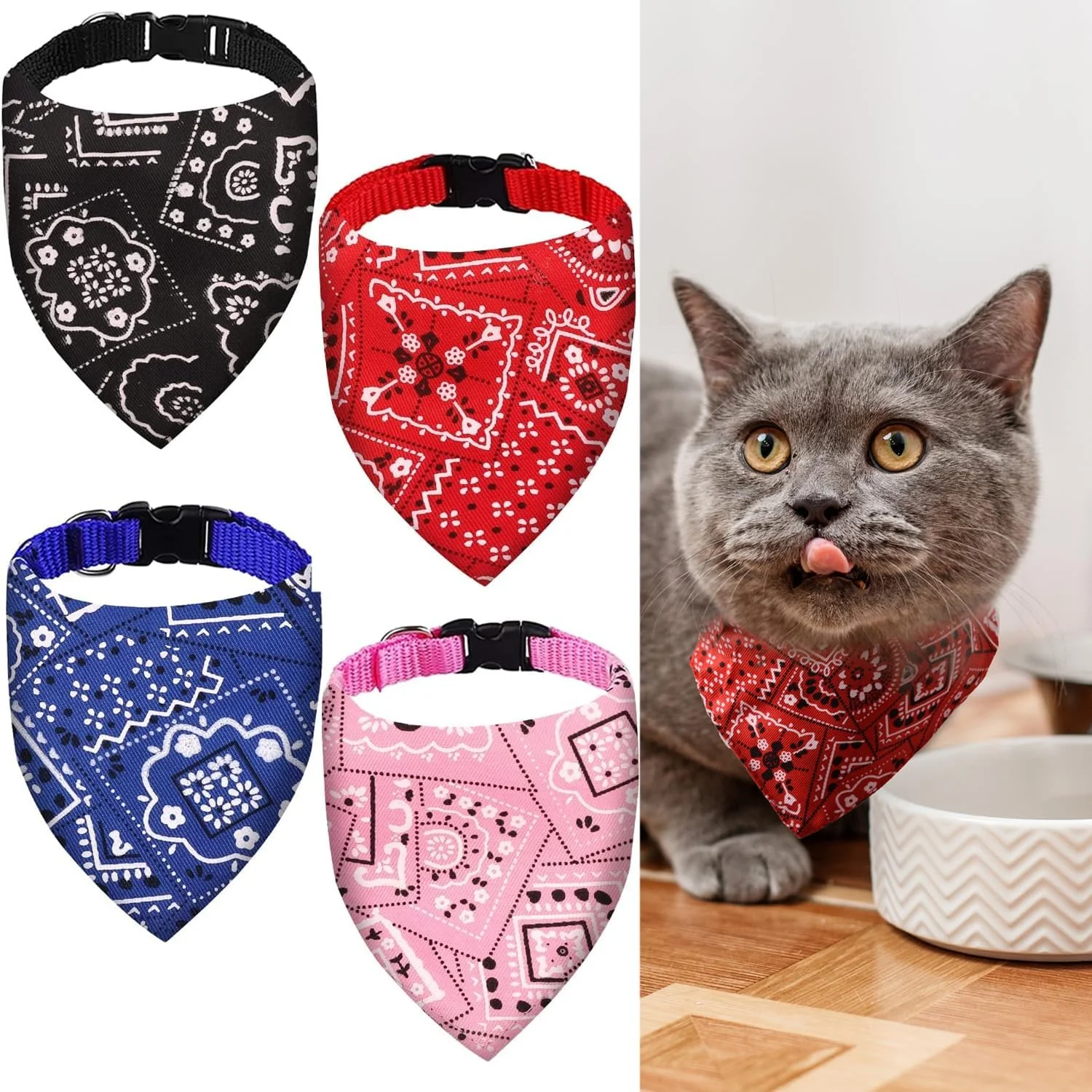 بسته چهارتایی دستمال گردن سگ با بند قابل تنظیم، شال گردن مثلثی برگشت پذیر شیک برای حیوانات خانگی، یقه دستمال گردن مثلثی برای سگ، مناسب سگ ها و گربه های کوچک و متوسط (قرمز، آبی، مشکی، صورتی)