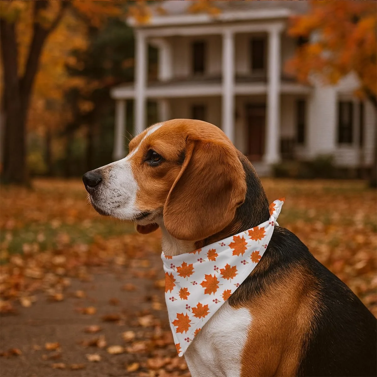 دستمال گردن سگ طرح برگ های پاییزی سفید، مناسب سگ های کوچک و متوسط، روسری مثلثی زیبا برای سگ های دختر و پسر، هدیه شیک برای سگ ها در فصل پاییز